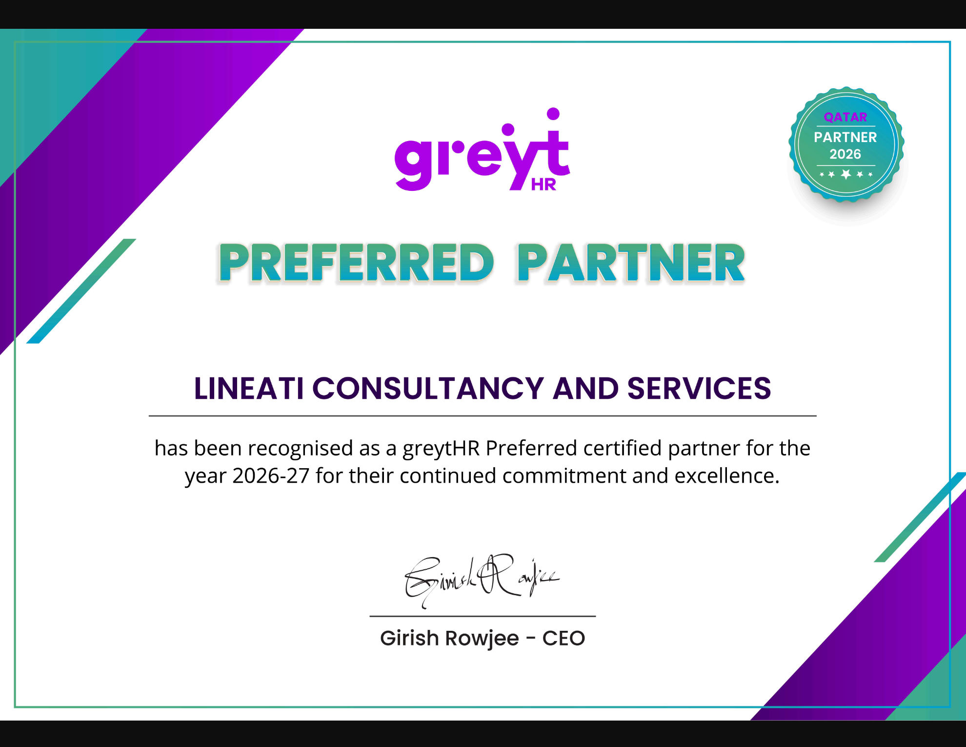greytHR Preferred Partner certificate awarded to Lineati Consultancy and Services for 2026-27
